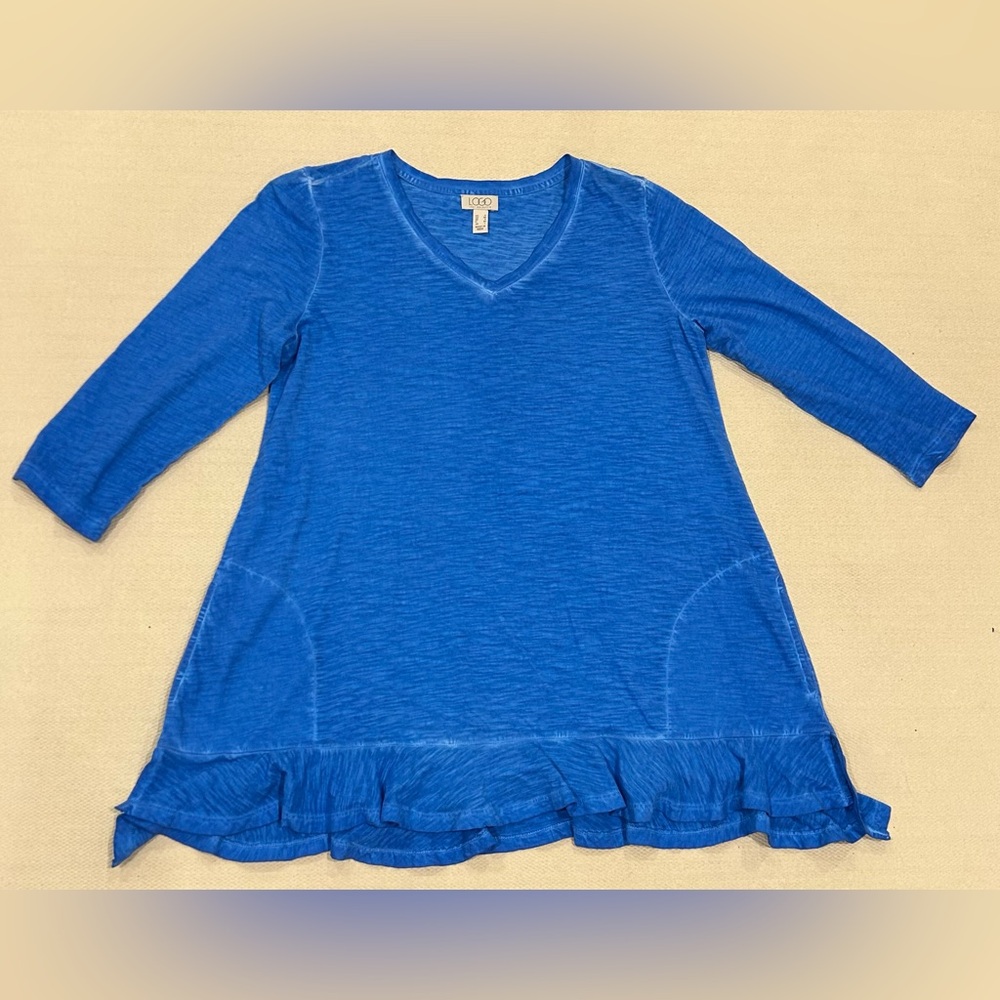 LOGO by Lori Goldstein Distressed Cotton 3/4 Sleeve Top Blue Size Small